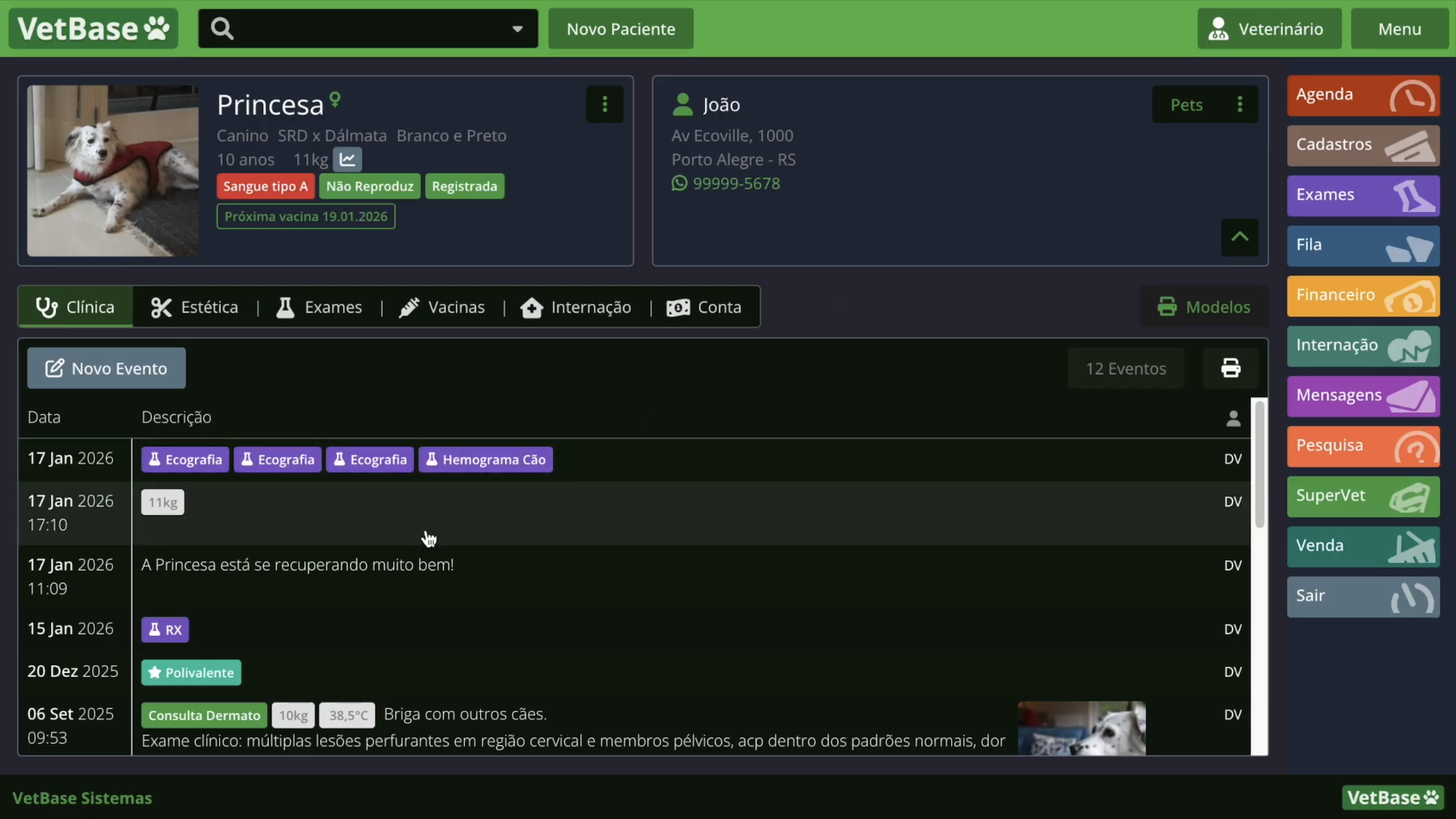 Tema escuro do VetBase — interface com fundo escuro para uso em ambientes de baixa luminosidade